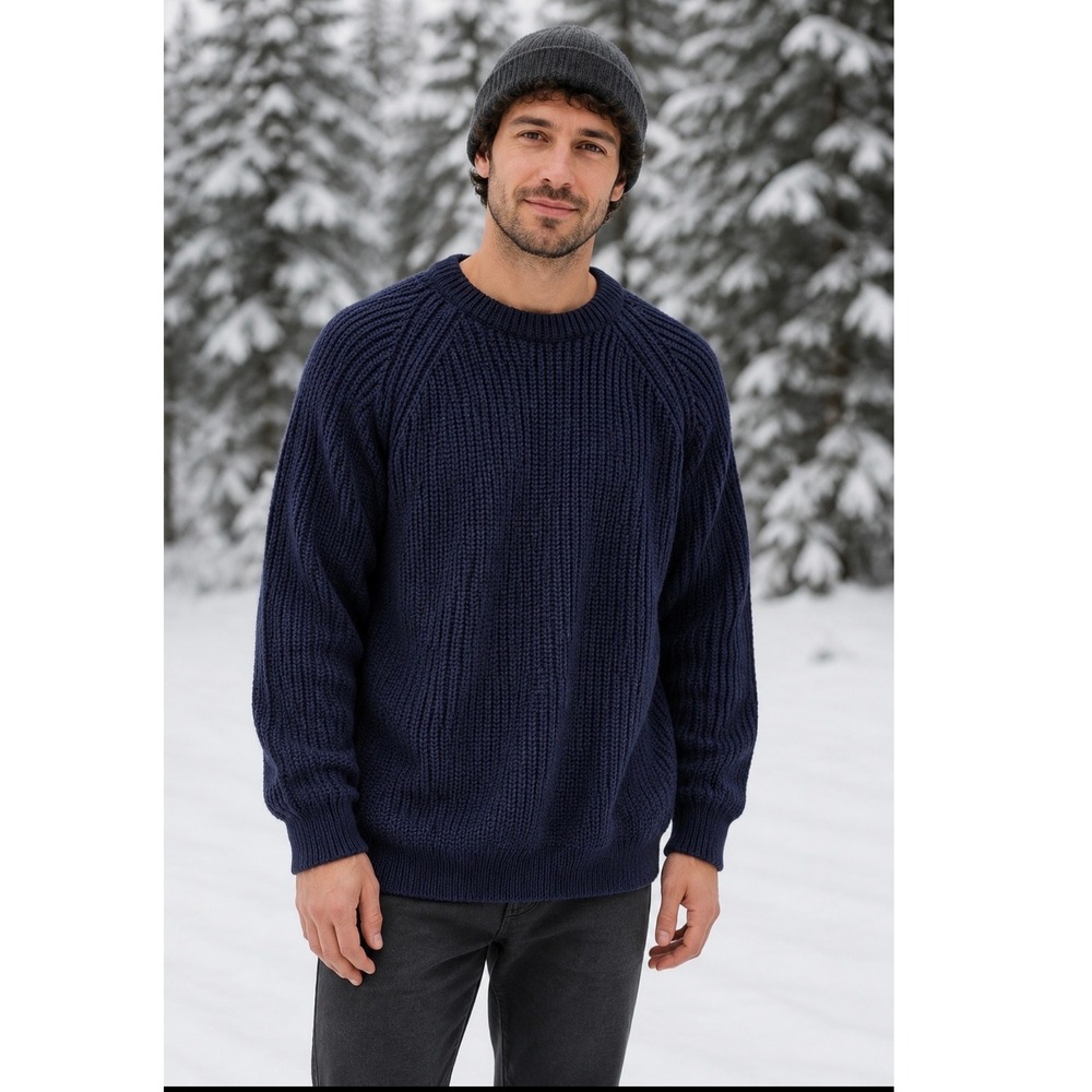 Aran Crafts Fisherman Rib Crew Neck Sweater Mens L Navy Blue Wool Ireland